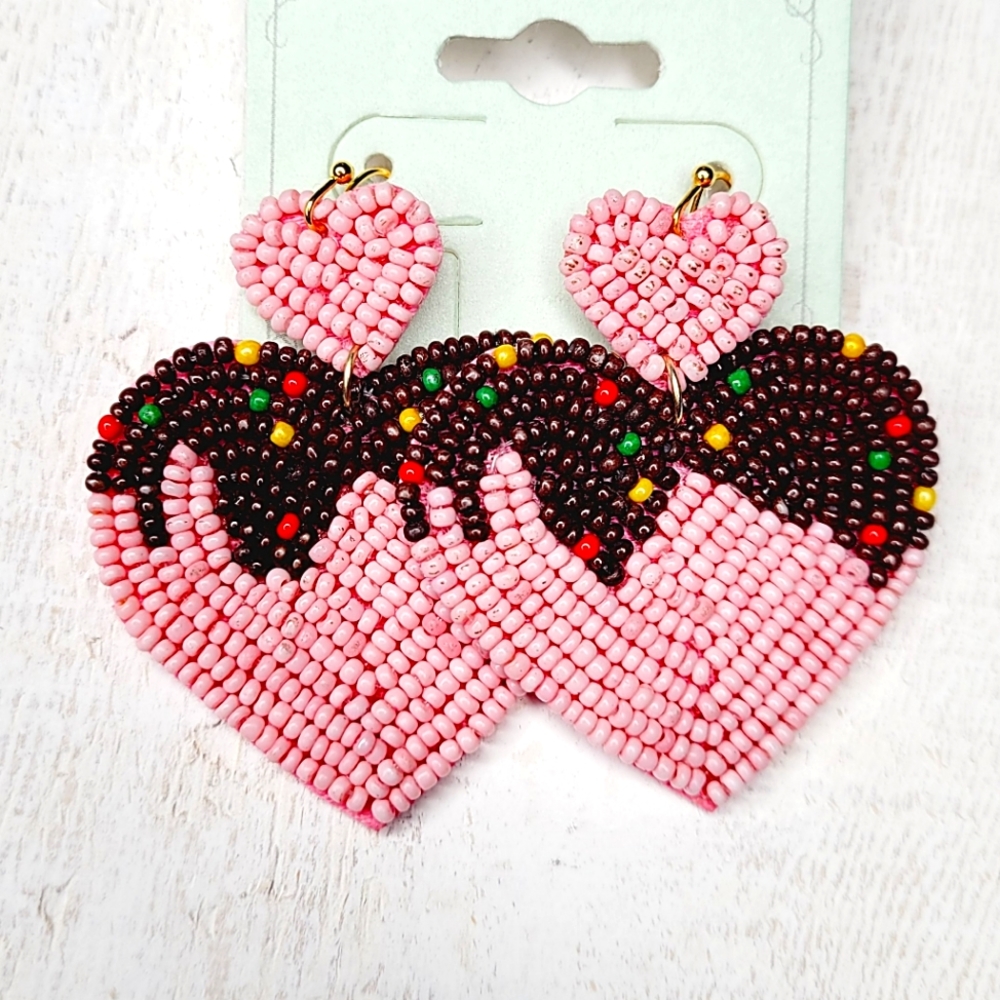 PINK HEART SEED BEAD EARRINGS